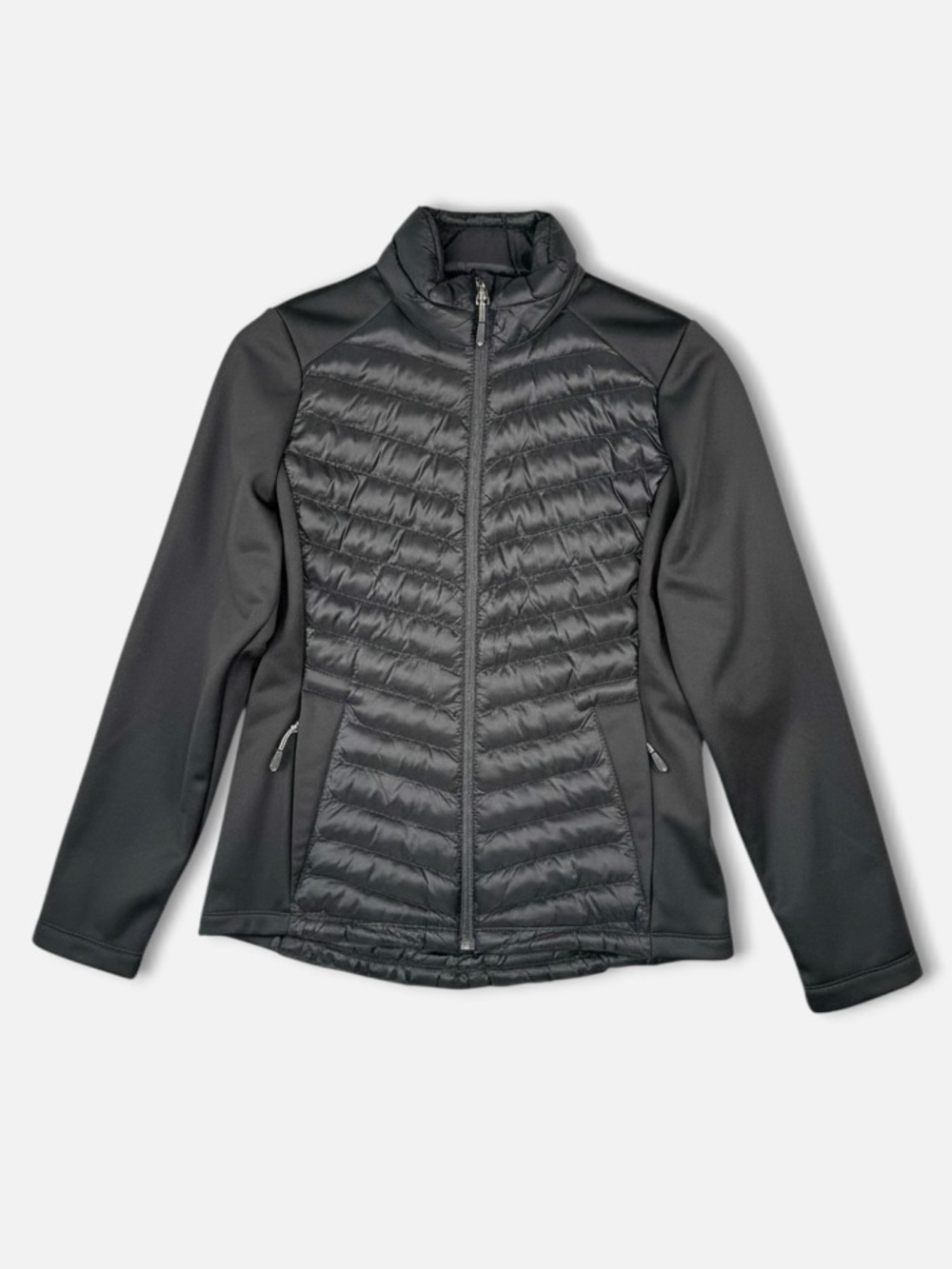 32 Degrees Heat Mixed Media Quilted Puffer Jacket Size XS Black Stretch Full Zip